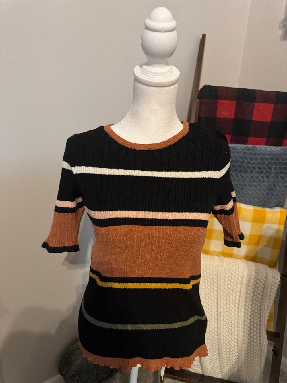 Black and Rust Striped Knit Sweater - Women